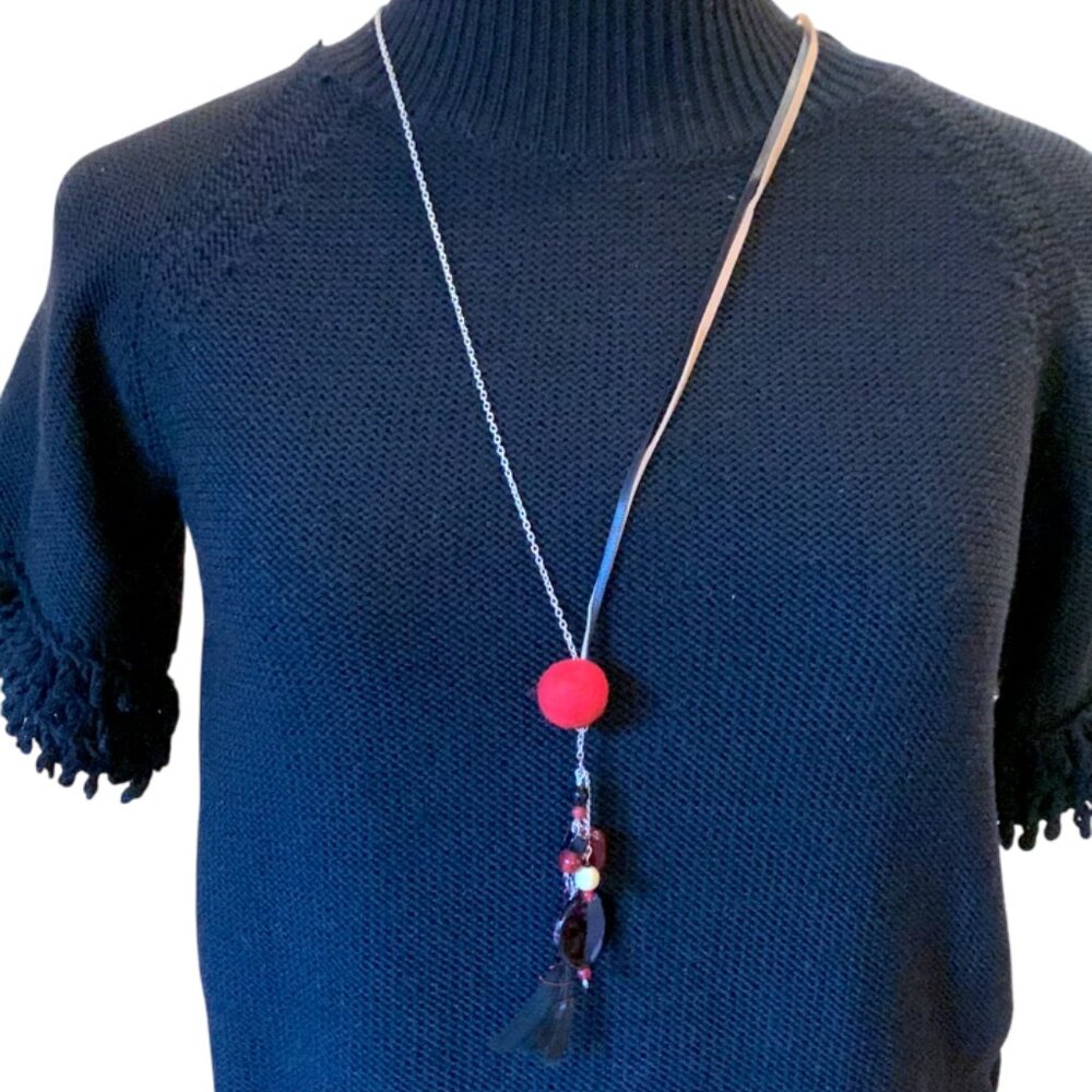 CREATION -  Long  Opera Red and Black Necklace - beads, feather, felt ball